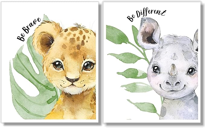 Baby Safari Animals Wall Art Prints - Nursery Decor - Set of 6-8x10 - Jungle Nursery Room Pictures for Baby Girl Boy Kids - Motivational Quotes - Watercolor - Unframed -