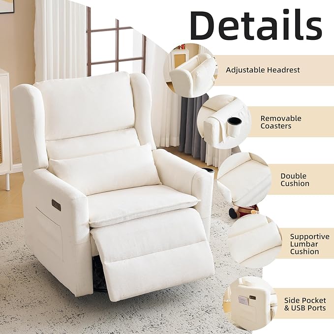 Oversized Swivel Rocker Recliner Chair, 26" Extra Wide Nursery Glider Recliner with Adjustable Headrest, Power Recliner Swivel Glider with Double Cushion, Cup Holder, White