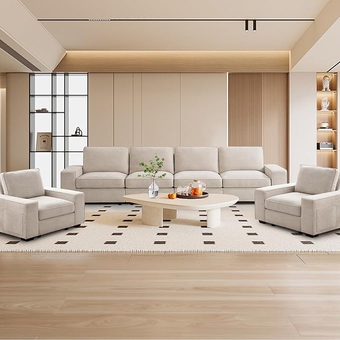 TEKAMON 128" Modular Sofa Couch with Large Seats Storage, Chenille Sofa, Modern Comfy 4-Seater Couch for Living Room, Office, Apart W/Deep Seat, Wide Armrest, Side Pockets, USB Port, Removable Cover