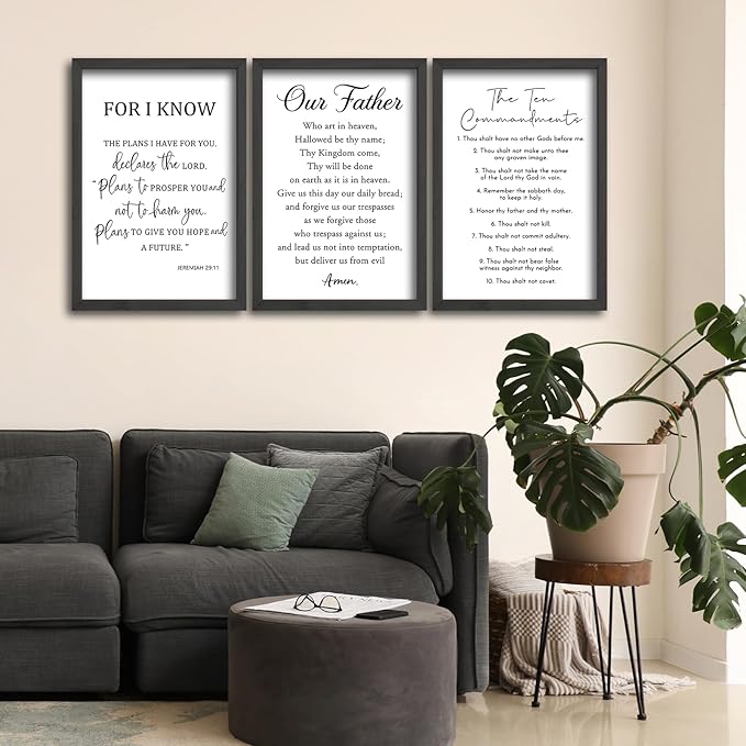 Surfapans Bible Verse Scripture Wall Decor Art 16"×11" Christian Sign Set of 3 Inspirational Quotes Scripture Wood Framed Wall Hanging (Black)