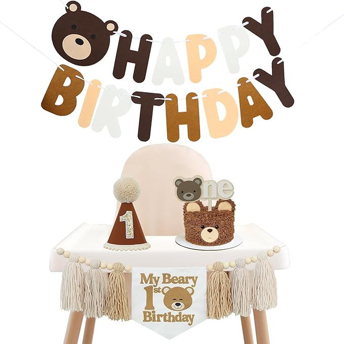 Bear 1st Theme First High Chair Banner For 1st Birthday Party Decorations With One Cake Topper