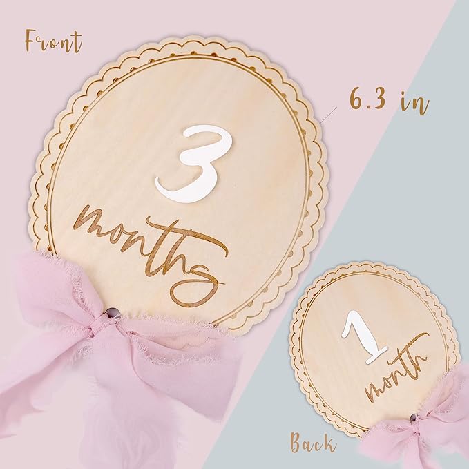 Daisy 3D Baby Monthly Milestone, Wooden Baby Milestone Signs, Monthly Milestone Wood Discs, Baby Milestone Discs (Ribbon)