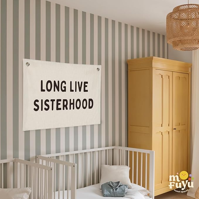 Girls Room Decor–Long Live Sisterhood Linen Canvas Banner, Wall Hanging for Nursery, Playroom, Teen Girl Bedroom 20x30 Inch