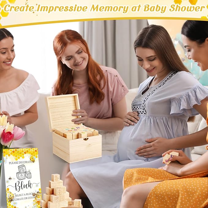 Marsui 136 Pcs Baby Shower Blocks to Decorate Game Kit Includes 98 Wooden Blocks, 36 Markers, 1 Game Sign, 1 Storage Box for Baby Shower Gender Reveal Activity Party Decorations(Bee)