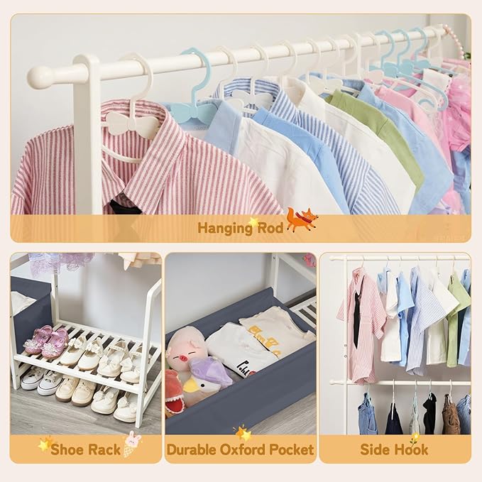 Kids Clothing Rack with Storage, Baby Clothes Rack Organizer Made of Natural Bamboo, Adjustable Hanging Rods for Dresses, Jackets, T-Shirts, Child Safe kids closet for Bedroom or Playroom