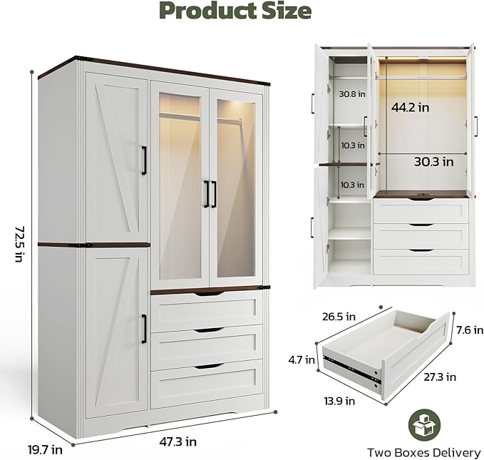 Concho 73'' Tall Farmhouse Armoire Wardrobe Closet with LED Light, Wood Wardrobe Closet Collection with 4 Doors 3 Drawers, Clothing Storage Cabinet with 4 Adjustable Shelves, Antique White