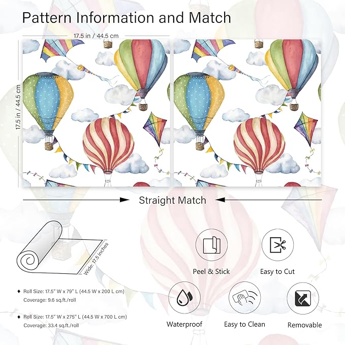 LaCheery Watercolor Hot Air Balloon Wallpaper Peel and Stick Hot Air Balloons Sky Cloud Wallpaper Nursery Decorative Contact Paper Peel and Stick Colorful Kites Flag Wall Paper for Kids Room 17.5"x79"