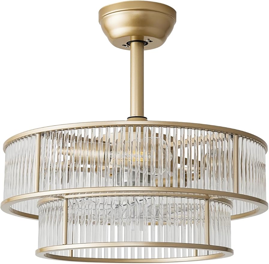 Gold Fandelier Ceiling Fans with Lights, 20" Gold Crystal Chandelier Ceiling Fan with Light Remote Control, Caged Mid Century with 6 Speeds for Bedroom, Living Room, Nursery