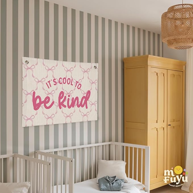 Kids Room Decor,Coquette Pink Bow Canvas Wall Hanging,Modern Toddler Kids Room Decor,Pennant Wall Flag for Girls Bedroom,Playroom Nursery 30x20 Inch
