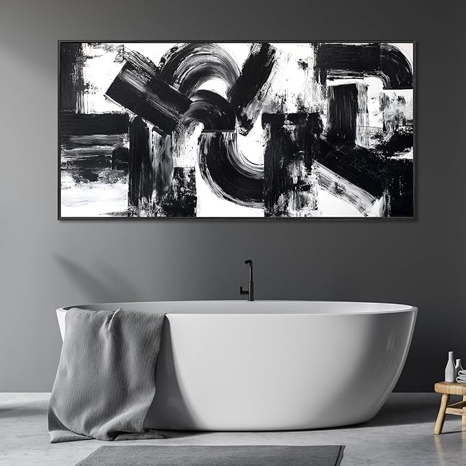 Framed Large Abstract Canvas Wall Art for Living Room, Neutral Black White Modern Art Prints, Minimalist Black Geometric Curves & Blocks Pictures Painting Artwork for Bedroom Office Wall Decor 16"x30"