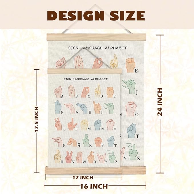 LUVADIAN asl alphabet poster Hanger Frame,sign language poster,alphabet posters for classroom wall,sign language book for kids,Toddler Learning Posters for Nursery Kids Room,16x24 Inches
