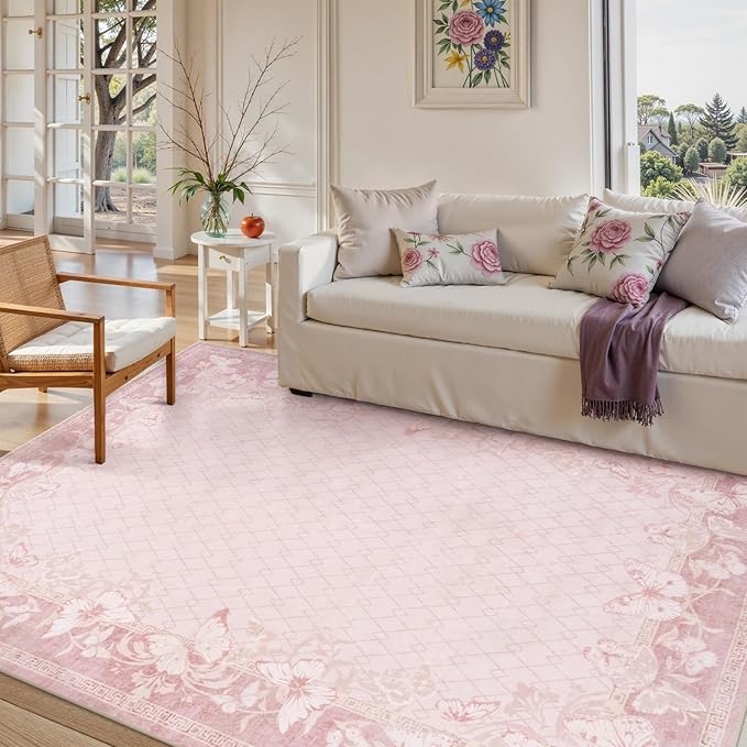 STARUIA Washable 8x10 Area Rugs for Living Room, Pink Rugs for Bedroom Girls, Non-Slip Soft Butterfly Rug Dining Room Non-Shedding Large Carpet for Nursery Dorm Office Indoor Decor (Pink,8'x10')