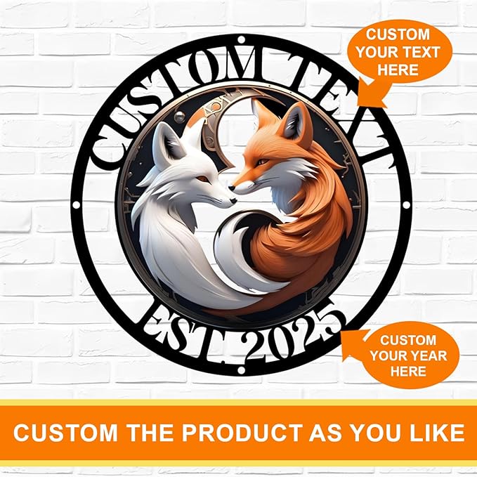 Personalized Fantasy Fox Couple Metal Sign – Mystical White & Orange Foxes Under Moonlight – Custom Name & Est. Date – Enchanted Wall Art for Bedroom, Porch, or Gift
