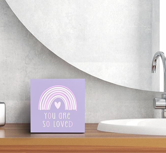 SRADMO You Are So Loved Rainbow Heart Wood Box Sign Desk Decor, Purple Kids Inspirational Quotes Wooden Block Box Sign Decoration for Kids Room Nursery Playroom Shelf Table Decorative Accessories