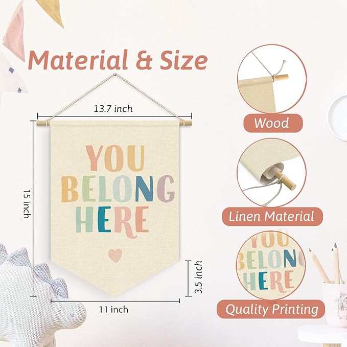 Welcome Sign for Boho Classroom, You Belong Here Inspirational Linen Canvas Banner, Classroom Must Haves, Schoolgirl Style Classroom Wall Hanging Pennant Flag Banner for Preschool Decor,15x11in