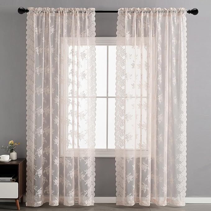 Kotile Blush Pink Sheer Curtains 63 Inch Length, 2 Panels, W42 x L63 Inch Each, Country Rustic Floral Coquette Lace Curtains for Bedroom, Rod Pocket Light Filtering Privacy Window Sheer Lacy Curtain