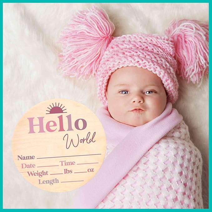 Hello World Newborn Sign - Baby Name Birth Announcement Plaque for Hospital - Photo Prop - Purple Pink Ombre Nursery Decor - Shower Gift