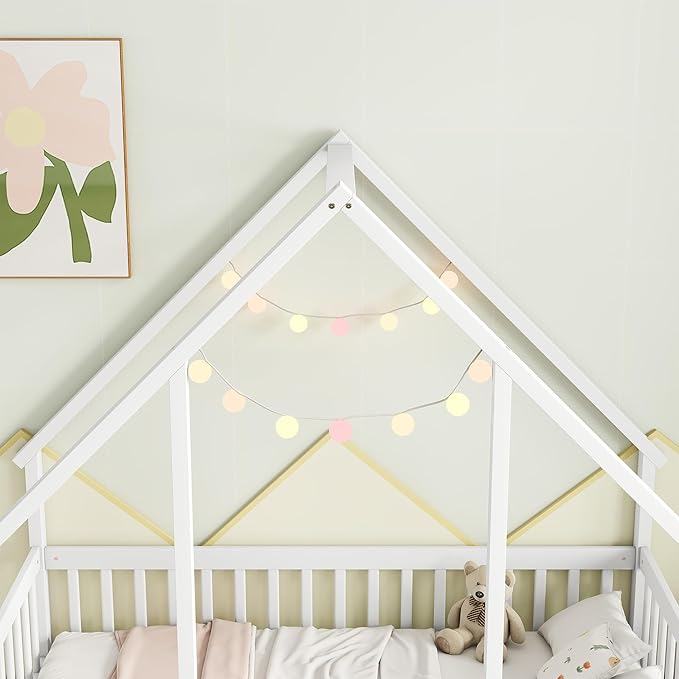 Casaphoria Full Size House-Shaped Montessori Bedframe, Solid Pine Wood Kids Bed Frame, Toddler Floor Bed with Door & Fence for 1-3 Years Old Kids, White
