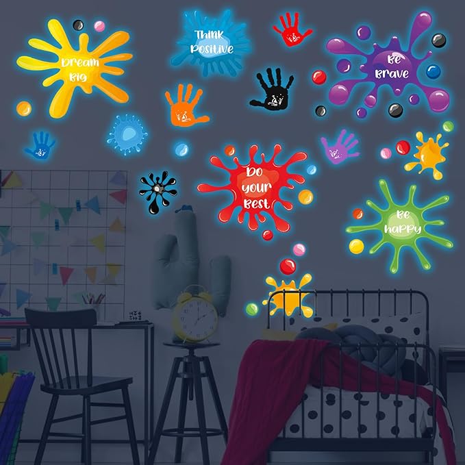 Glow in The Dark Inspirational Wall Decals Glowing Luminous Watercolour Motivational Lettering Wall Stickers Positive Saying Ink Splatter Splotches Decals for Kids Classroom Nursery Playroom Decor