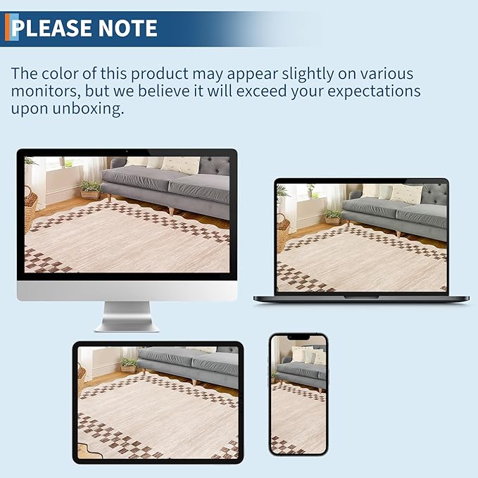 GarveeHome Area Rug 6x9 Large Living Room Modern Border Throw Rug with Rubber Backing Stain Resistant Dining Room Throw Carpet Washable Scalloped Rug for Bedroom Home Decor Office, Beige