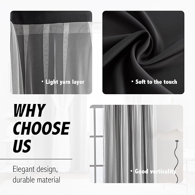 Anytime Home Curtains Blackout and Sheer Layered Solid Window Curtain Panel Pair with Grommet Top, 52Wx108L,Black