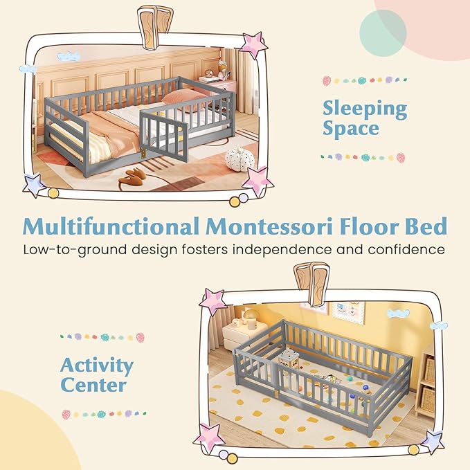 Giantex Twin Floor Bed with High Fence & Door, Montessori Floor Bed with 21.5" Safety Guardrails, Solid Wood Twin Beds Frame for Kids Girls, Boys, Without Slats, Grey