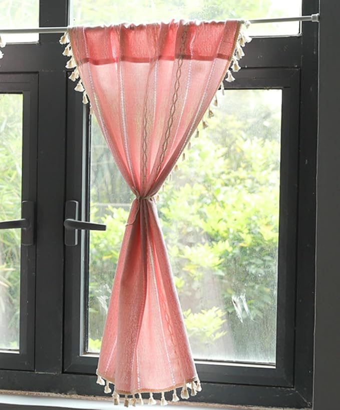 Deeprove Blush Pink Boho Curtain Valance for Cafe Kitchen Nursery Decor, Sheer Bohemian Farmhouse Cotton Linen Short Panel Tassel Toddler Baby Girl Princess Theme Window Treatment, W52 x L18, 1 Piece