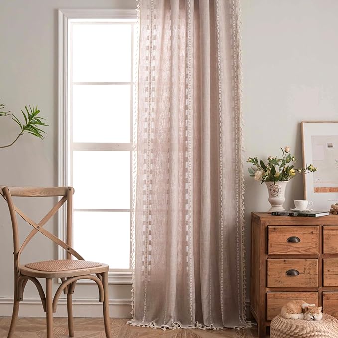 Deeprove Boho Curtain 84 inches Long for Living Room Bedroom Nursery, Retro Bohemian Coffee Linen Sheer 84 inches Length Tassel Stripe Embroidery Privacy Window Treatment W52 x L84, 1 Panel Natural