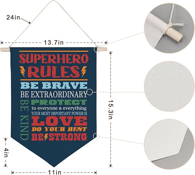 QODUNG Inspirational Quote Superhero Rules Avengers Room Decor,Cool Wall Decor for Boys,Bedroom,Playroom,Toddler and Kids Room,Wall Hanging Pennant Flag Canvas Banner