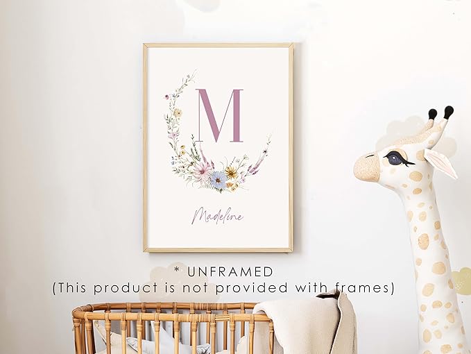Personalized Name Flower Nursery Wall Art Prints, Crib & Nursery dรฉcor, Newborn Baby Girl Gift Present, Floral Baby Girl Room Pictures, Poster For Baby And Kids (1 Print, Flower 6)