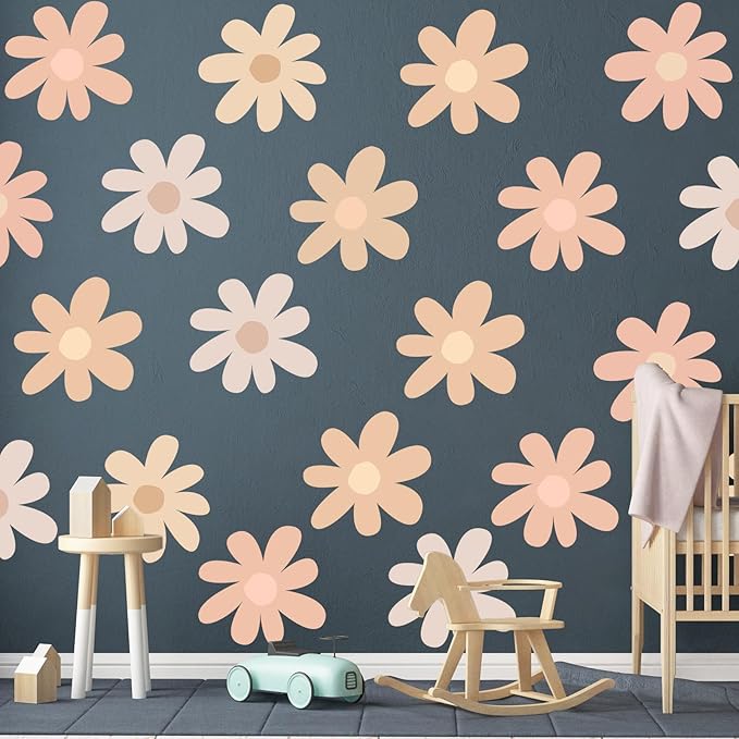TaoBary 12 Sheets Daisy Wall Decal Flower Wall Sticker Cute Daisy Sticker Pink White Flower Decal Peel and Stick Floral Wallpaper for Nursery Bedroom Home Decor(Light Color,Bobo Style)