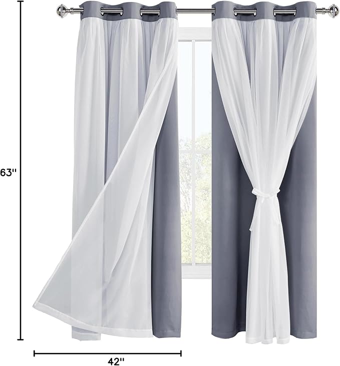 Hiasan Blackout Curtains with Sheer Overlay, Grommet Thermal Insulated Privacy Mix and Match Double Layer Window Curtains for Girls Bedroom, Living Room, 2 Drape Panels with Tiebacks, Grey, 42W X 63L