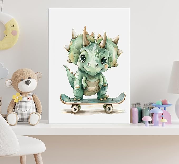 Funny Dinosaur Nursery Canvas Wall Art Surfing Skateboard Riding Dinosaur Painting Picture Wall Decor Sport Nursery dinosaur Print Artwork Poster Print Artwork for Boys Room Girls Room Home Decoration