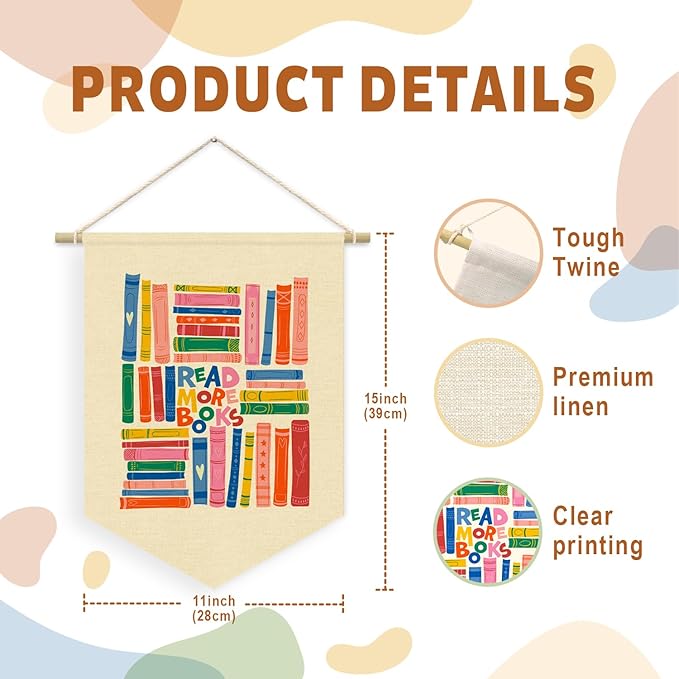 Reading Corner Decor for Classroom, Read More Books Wall Hanging Sign Flag, Reading Room Wall Decor for kids, Read Sign Nursery Wall Art Canvas Hanging Pennant Flag Banner 15x11in