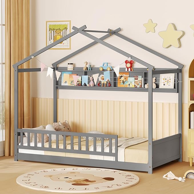 Giantex Twin Floor Bed with Storage Shelf, Wooden Bed Frames with Headboard & Guardrail, Montessori Floor Bed with Wooden Slat Support for Kids, Grey