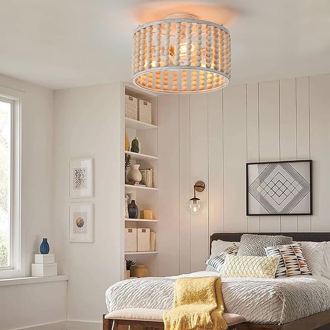 tewei Wood Beaded Boho Chandelier Light Fixture, Semi Flush Mount Ceiling Light 3-Light Rustic Nursery Close to Ceiling Lights for Bedroom Kitchen, Living Room, Oak White, E26 Base