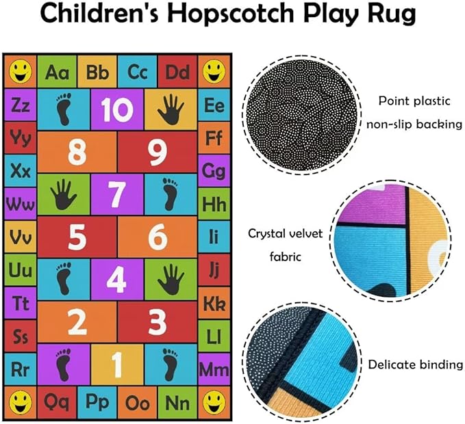 Kid Hopscotch Play Rug, ABC Alphabet Number Educational Carpet, Playroom Classroom Mat Non-Slip Washable (Red 47x71 in)