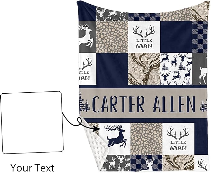 Personalized Crib Bedding Set for Boys Girls, Custom Baby Crib Sets with Name, Navy Deer Design Nursery Bedding 2 Piece - Soft Blanket with Double Layer Dotted Backing, Crib Fitted Sheet