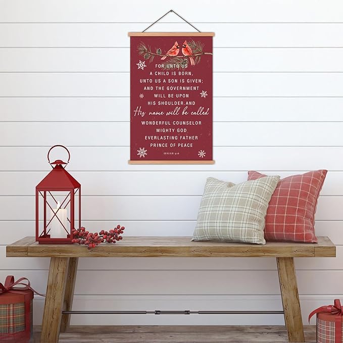 KAIRNE Christmas Canvas Wall Art,Christian Poster With Wooden Hanger(13.8”X22”),Bible Verse Wall Decor,Snow Red Bird Picture,Christmas Gift for Friends Family Living Room Bedroom Farmhouse Decor