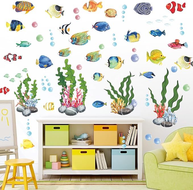 60 Pieces Under The Sea Wall Decals, Ocean Fish Large Coral Reef Seaweed Removable Stickers for Kids Baby Boys Bedroom Nursery Living Room Toddler, Peel and Stick Underwater Sea Stickers