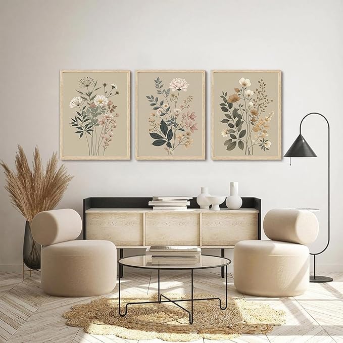CHMMART 3 Piece Botanical Floral Framed Wall Art Vintage Flower Canvas Art Prints Wildflower Pictures Wall Decor Nature Painting Artwork for Living Room Bedroom Bathroom 16x20in