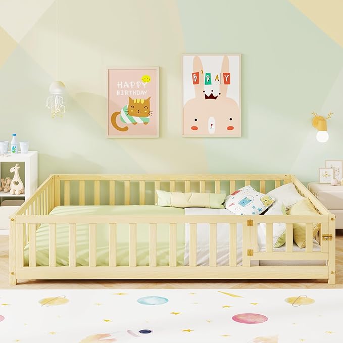 KOMFOTT Full Size Wood Floor Bed with Door & Fence, Montessori Bed Frame with Full Length Safety Guardrails, Slats Support, Door & Latch, Wooden Montessori Floor Bed, No Box Spring Needed