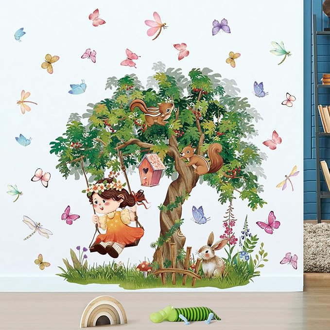 Amaonm Large Whimsical Tree Wall Decal with Woodland Animals, Birds, and Butterflies, Watercolor Green Tree Wall Sticker Decor for Girls Kids Bedroom Living Room Nursery Decoration (B)