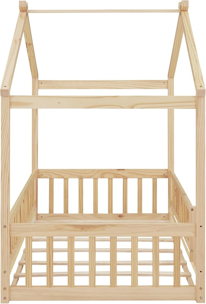 Merax Twin Size Wooden House Bed with Fence, Wood Bed Frame with Roof and Safety Guardrail for Kids, Teens, Boys or Girls, Natural