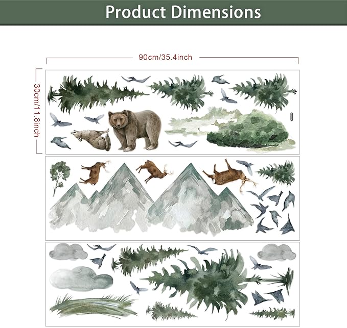 Woodland Nursery Wall Stickers Watercolor Mountain Tree Wall Decal Jungle Trees Animals Home Decals Sticker DIY Cartoon Deer Bear Wolf Forest Animal Home Sticker for Kids Room Bedroom Nursery Decor