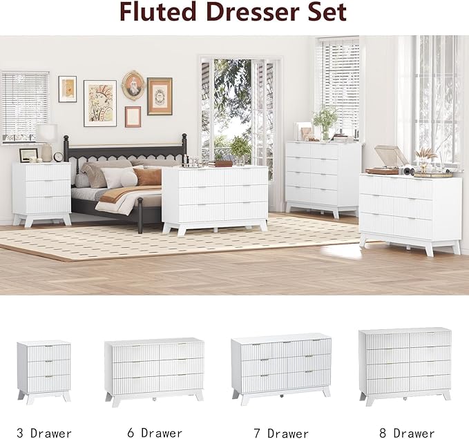 Fluted Dresser for Bedroom,7 Drawer Dresser for Closet,Storage Cabinet and Chest of Drawers with Gold Handle,TV Stand,Storage Organizer for Living Room,Hallway,Entryway,White