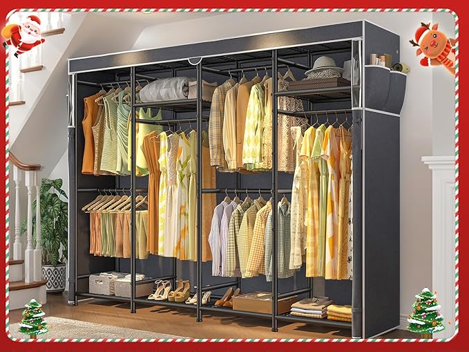 Raybee Clothes Rack with Cover Heavy Duty Clothing Racks for Hanging Clothes Adjustable Metal Portable Closet for Bedroom 77.9" W x 15.7" D x 76.8" H Black