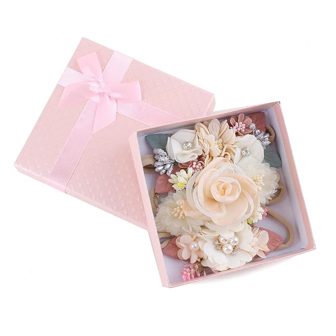 Baby Girl Floral Headbands- 3pcs Nylon Headband Handmade Flower Crown Elastic Hairband Newborn Toddler Hair Accessories Gifts for Girls (1-6 years old)