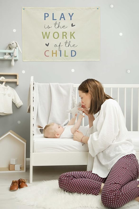 Play Is the Work of the Child-Playroom Rectangular Canvas Banner Flag Poster Wall Decor for Baby Boy Girl Kids,Playroom Nursery Home Bedroom Reading Room Decor-Birthday Baby,Shower Christmas Gift