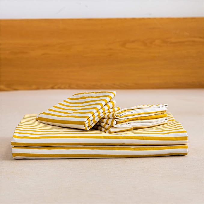 JELLYMONI 100% Natural Cotton 3pcs Striped Duvet Cover Sets,White Duvet Cover with Yellow Stripes Pattern Printed Comforter Cover,with Zipper Closure & Corner Ties(Full Size)